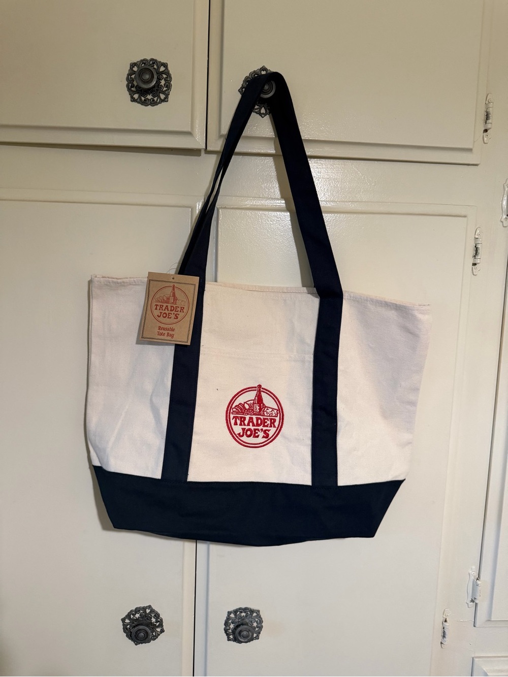 Authentic Trader Joe’s  Canvas Tote Bag in White and Navy 20X 13”